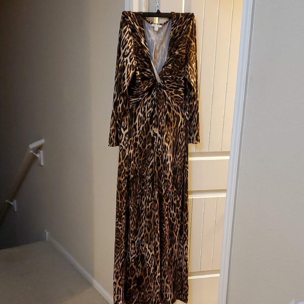 New York & Company Black and Brown Tie Front Gown with Plunge Neckline